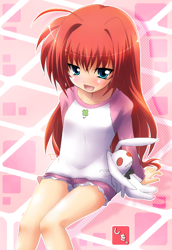 shiwo, vita (nanoha), lyrical nanoha, mahou shoujo lyrical nanoha, mahou shoujo lyrical nanoha a's, 00s, 1girl, ahoge, alternate hairstyle, blue eyes, child, female focus, hair down, long hair, raglan sleeves, red hair, signature, solo, stuffed animal, stuffed rabbit, stuffed toy