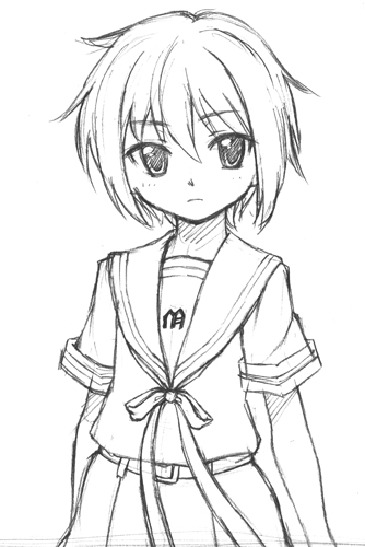 oryo (oryo04), nagato yuki, suzumiya haruhi no yuuutsu, lowres, 00s, greyscale, monochrome, school uniform, serafuku, short hair, solo