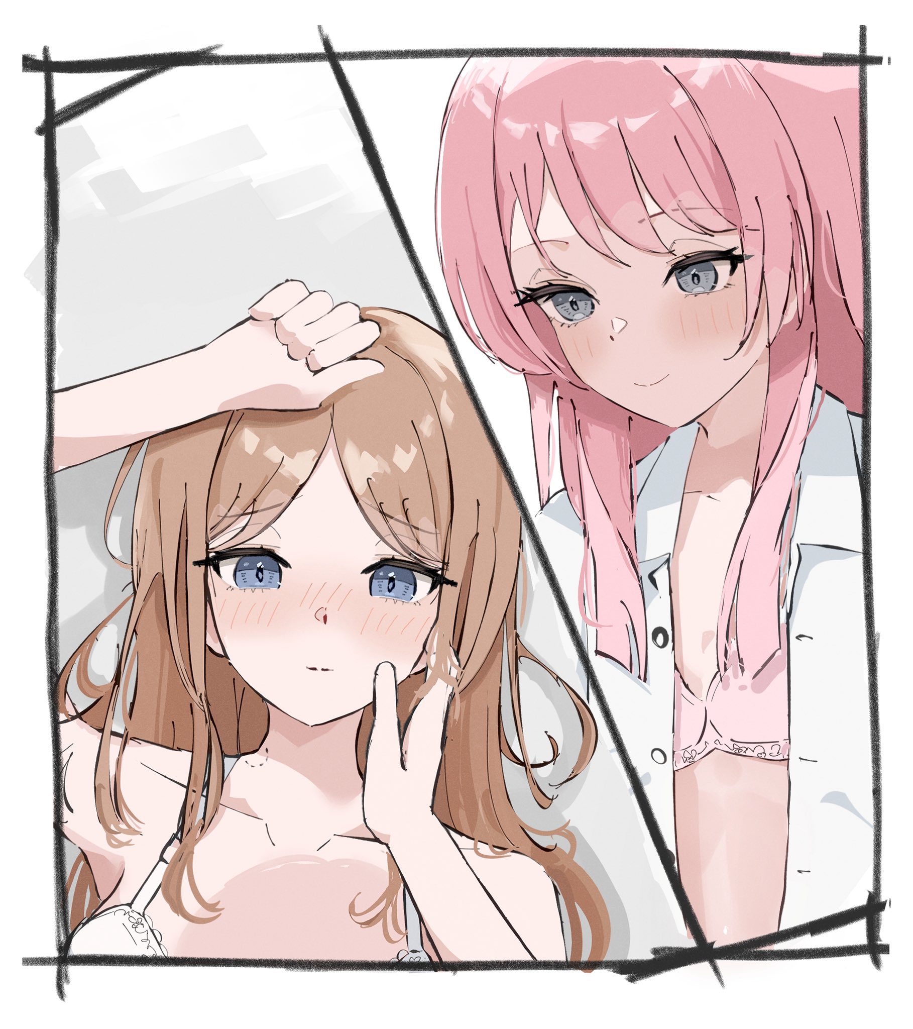 opuricheri, chihaya anon, nagasaki soyo, bang dream!, bang dream! it's mygo!!!!!, commentary request, highres, 2girls, bite mark, bite mark on neck, blue eyes, blush, bra, brown hair, closed mouth, dress shirt, grey eyes, hand on another's cheek, hand on another's face, long hair, multiple girls, open clothes, open shirt, pink bra, pink eyes, pink hair, shirt, sidelocks, underwear, white bra, white shirt, yuri