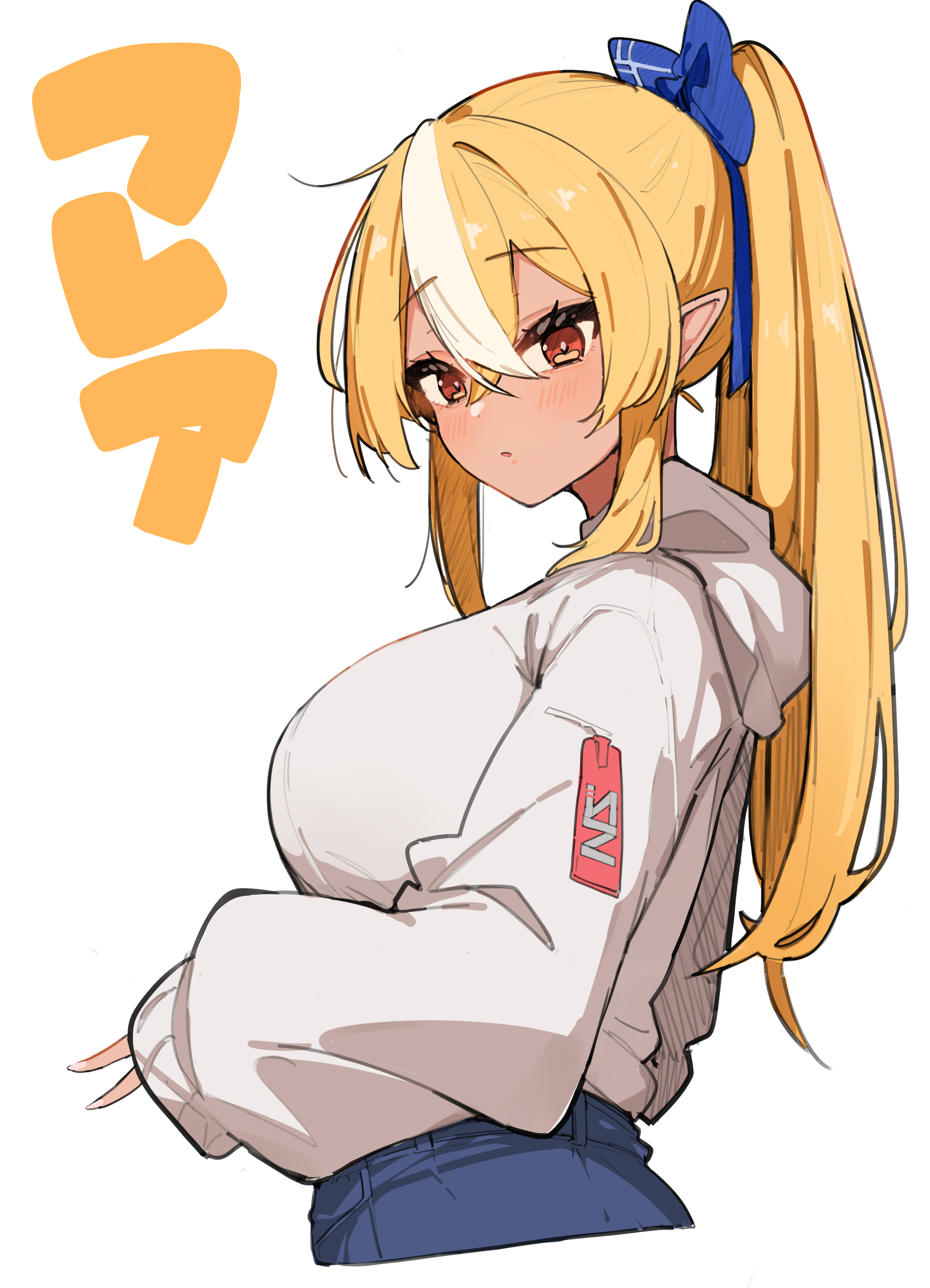 haseneko, shiranui flare, hololive, absurdres, commentary request, highres, translation request, 1girl, alternate costume, blonde hair, blue ribbon, breasts, brown eyes, dark-skinned female, dark elf, dark skin, denim, elf, from side, grey hoodie, hair ribbon, hand up, hood, hood down, hoodie, jeans, large breasts, long hair, long sleeves, looking at viewer, pants, parted lips, pointy ears, ponytail, puffy long sleeves, puffy sleeves, ribbon, sidelocks, simple background, solo, v, virtual youtuber, white background