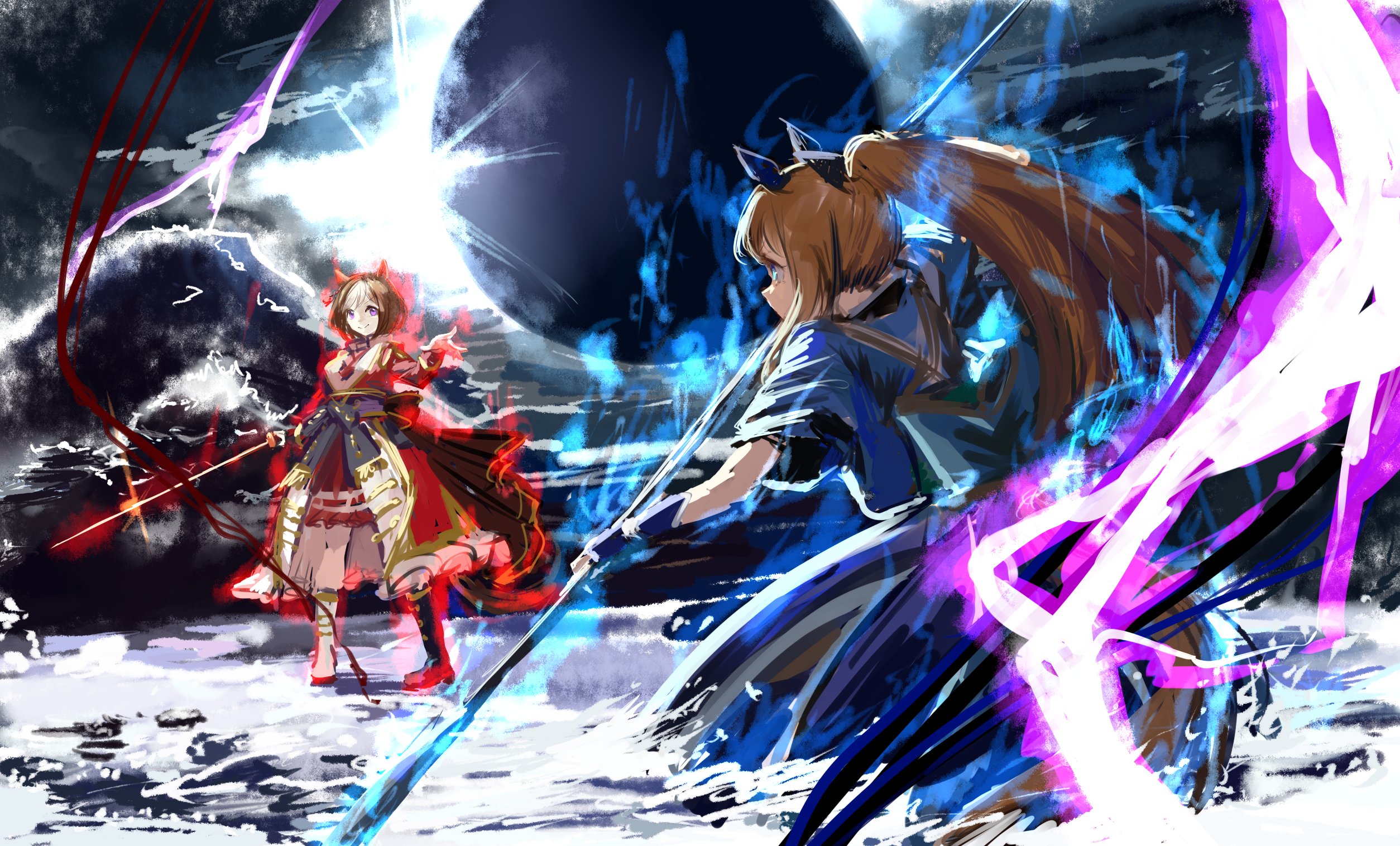 inishie kumo, grass wonder (honor of the blue flame) (umamusume), grass wonder (umamusume), special week (supreme commander of the rising sun) (umamusume), special week (umamusume), umamusume, highres, 2girls, animal ears, asymmetrical footwear, black boots, blue kimono, boots, brown hair, coat, ear covers, from behind, holding, holding polearm, holding sword, holding weapon, horse ears, horse girl, japanese clothes, kimono, long hair, long sleeves, looking at another, mismatched footwear, multicolored hair, multiple girls, naginata, official alternate costume, official alternate hairstyle, polearm, ponytail, purple eyes, red coat, smile, sword, two-tone hair, weapon, white boots, white hair