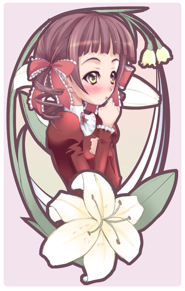 shiwo, matsudaira touko, maria-sama ga miteru, 00s, 1girl, :o, art nouveau, blunt bangs, blush, bow, brown hair, dress, female focus, flower, frills, from side, hair bow, long sleeves, pink background, red bow, red dress, simple background, snowbell (flower), solo, upper body, yellow eyes
