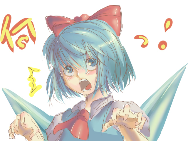 aryus, cirno, touhou, bad id, bad pixiv id, 1girl, female focus, sketch, solo, surprised, upper body, white background