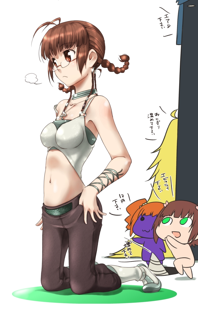 ttomm, akizuki ritsuko, chihacula, miki kuri, nonowa, yayoi creature, idolmaster, idolmaster (classic), idolmaster 1, highres, translation request, 00s, 4girls, braid, cool & sexy (idolmaster), glasses, impossible clothes, impossible shirt, midriff, multiple girls, shirt, taut clothes, taut shirt, text focus, twintails