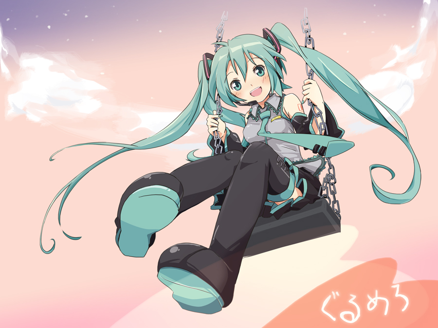 ixy, hatsune miku, vocaloid, 00s, 1girl, aqua eyes, aqua hair, detached sleeves, female focus, foreshortening, from below, full body, headset, matching hair/eyes, necktie, on swing, orange sky, sky, solo, star (sky), starry sky, swing, thighhighs, twintails