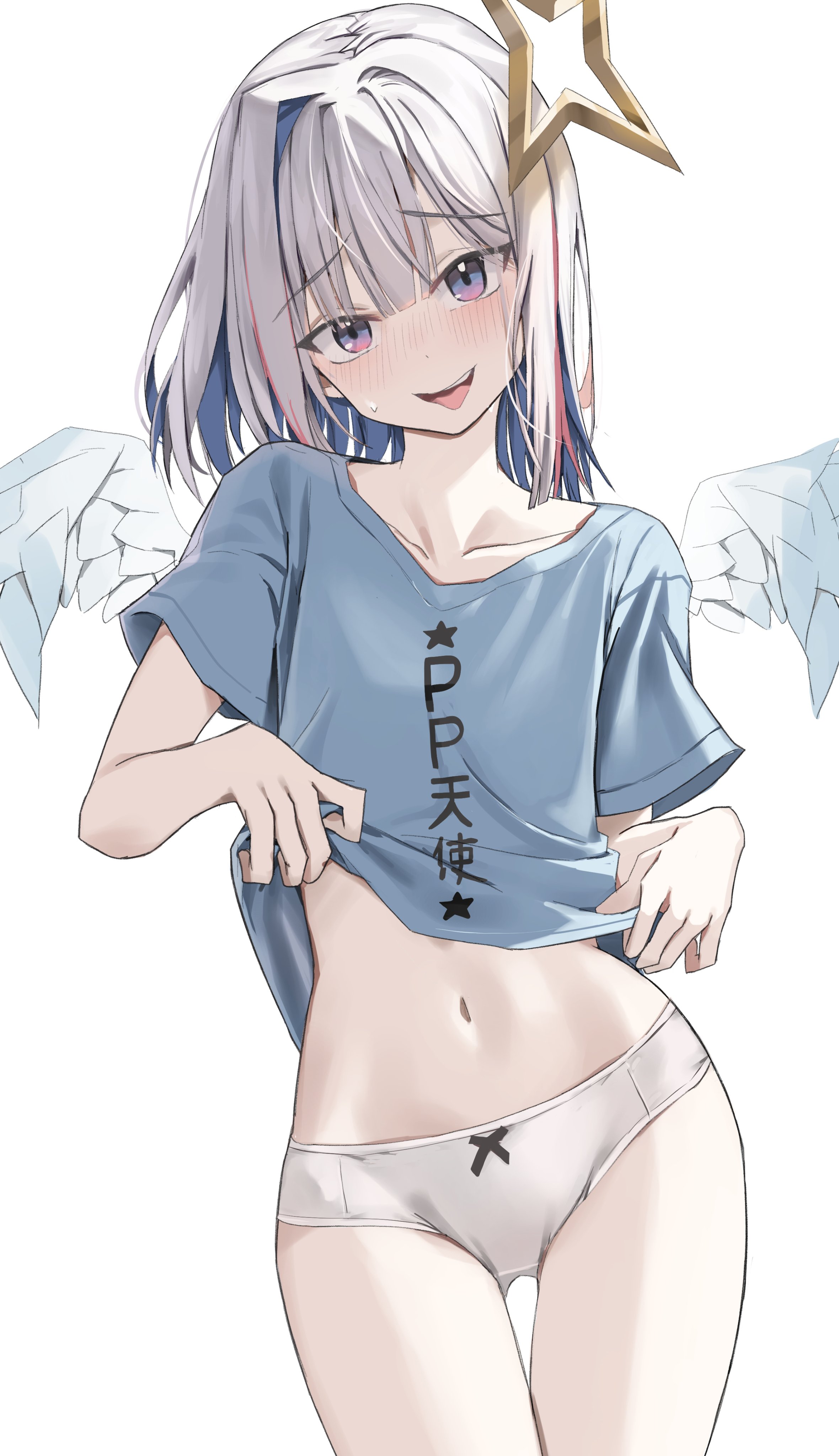 scarlet (wv0102), amane kanata, hololive, absurdres, commentary, highres, symbol-only commentary, 1girl, angel wings, blue hair, blue shirt, blush, bob cut, clothes lift, clothes writing, collarbone, colored inner hair, cowboy shot, feathered wings, flat chest, grey hair, halo, lifting own clothes, looking at viewer, mini wings, multicolored hair, navel, no pants, open mouth, panties, pink hair, pp tenshi t-shirt, print shirt, purple eyes, shirt, shirt lift, short hair, simple background, single hair intake, solo, standing, star halo, stomach, streaked hair, t-shirt, teeth, thigh gap, tongue, tongue out, underwear, upper teeth only, virtual youtuber, white background, white panties, wings
