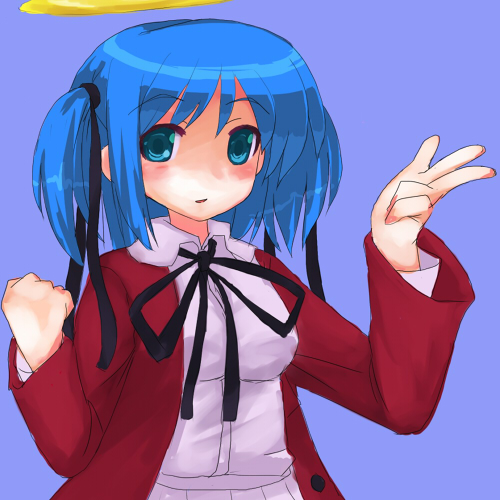 ktsecond, mitsukai dokuro, bokusatsu tenshi dokuro-chan, hand gesture, lowres, 00s, 1girl, black ribbon, blue eyes, blue hair, blush, collared shirt, female focus, halo, jacket, long sleeves, looking at viewer, matching hair/eyes, open clothes, open jacket, parted lips, purple background, purple shirt, red jacket, ribbon, shirt, short hair, simple background, solo, upper body, w