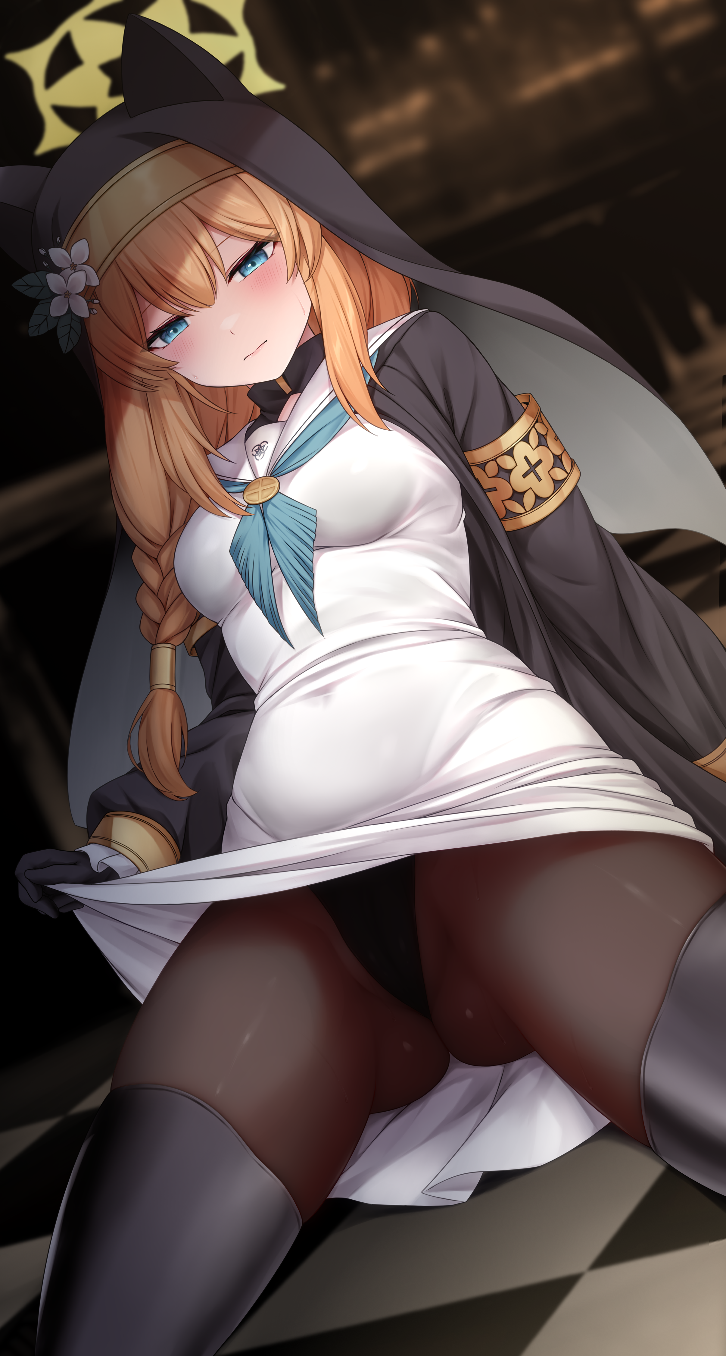 chien zero, mari (blue archive), blue archive, absurdres, highres, 1girl, animal ears, ass, black gloves, black panties, black pantyhose, black thighhighs, black veil, blue eyes, blue neckerchief, braid, breasts, coif, corsage, dress, frilled sleeves, frills, gloves, halo, latex, latex thighhighs, long hair, long sleeves, medium breasts, neckerchief, nun, orange hair, panties, panties under pantyhose, pantyhose, sailor collar, single braid, thighhighs, trinity general school logo, underwear, veil, white sailor collar, yellow halo