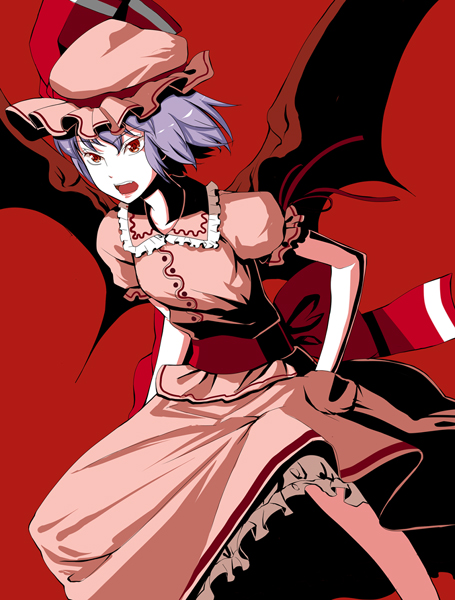 b-ginga, remilia scarlet, touhou, bad id, bad pixiv id, 1girl, blue hair, female focus, hat, purple hair, red eyes, ribbon, short hair, solo, wings