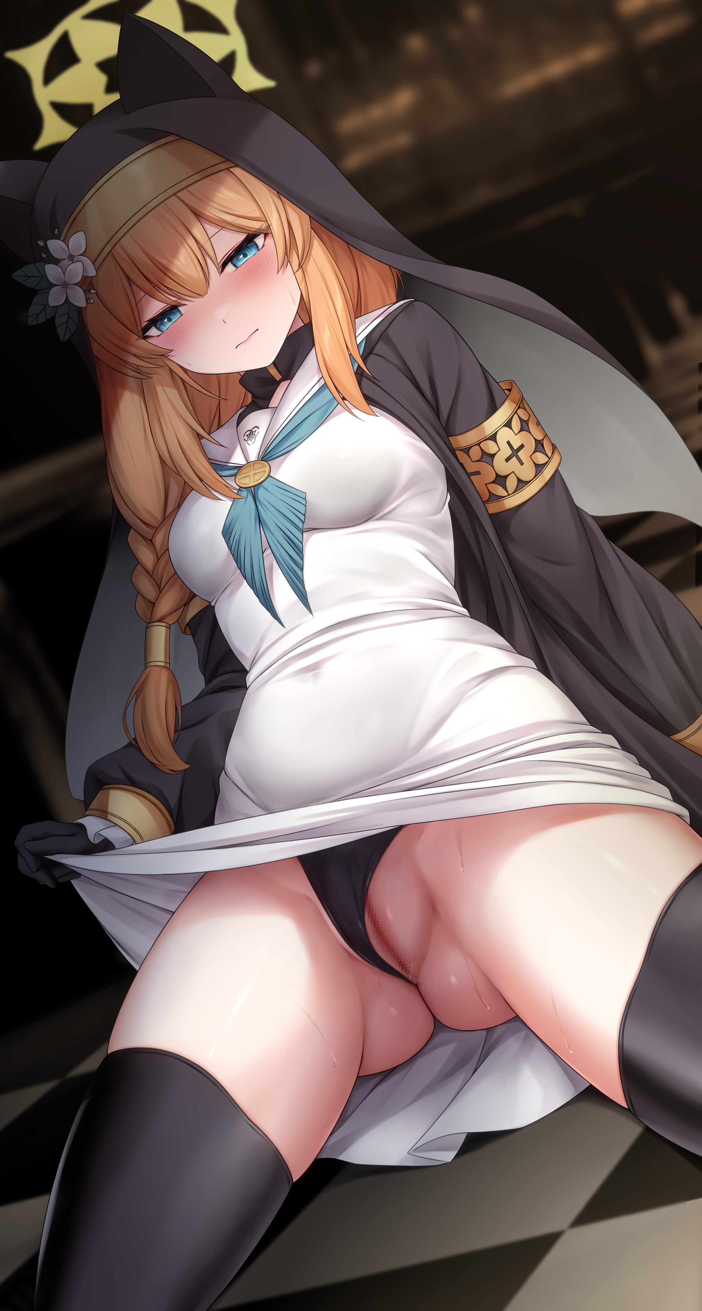 chien zero, mari (blue archive), blue archive, absurdres, highres, 1girl, animal ears, ass, black gloves, black panties, black thighhighs, black veil, blue eyes, blue neckerchief, braid, breasts, cleft of venus, clothing aside, coif, corsage, dress, frilled sleeves, frills, gloves, halo, latex, latex thighhighs, long hair, long sleeves, medium breasts, neckerchief, nun, orange hair, panties, panties aside, pussy, sailor collar, single braid, thighhighs, trinity general school logo, underwear, veil, white sailor collar, yellow halo