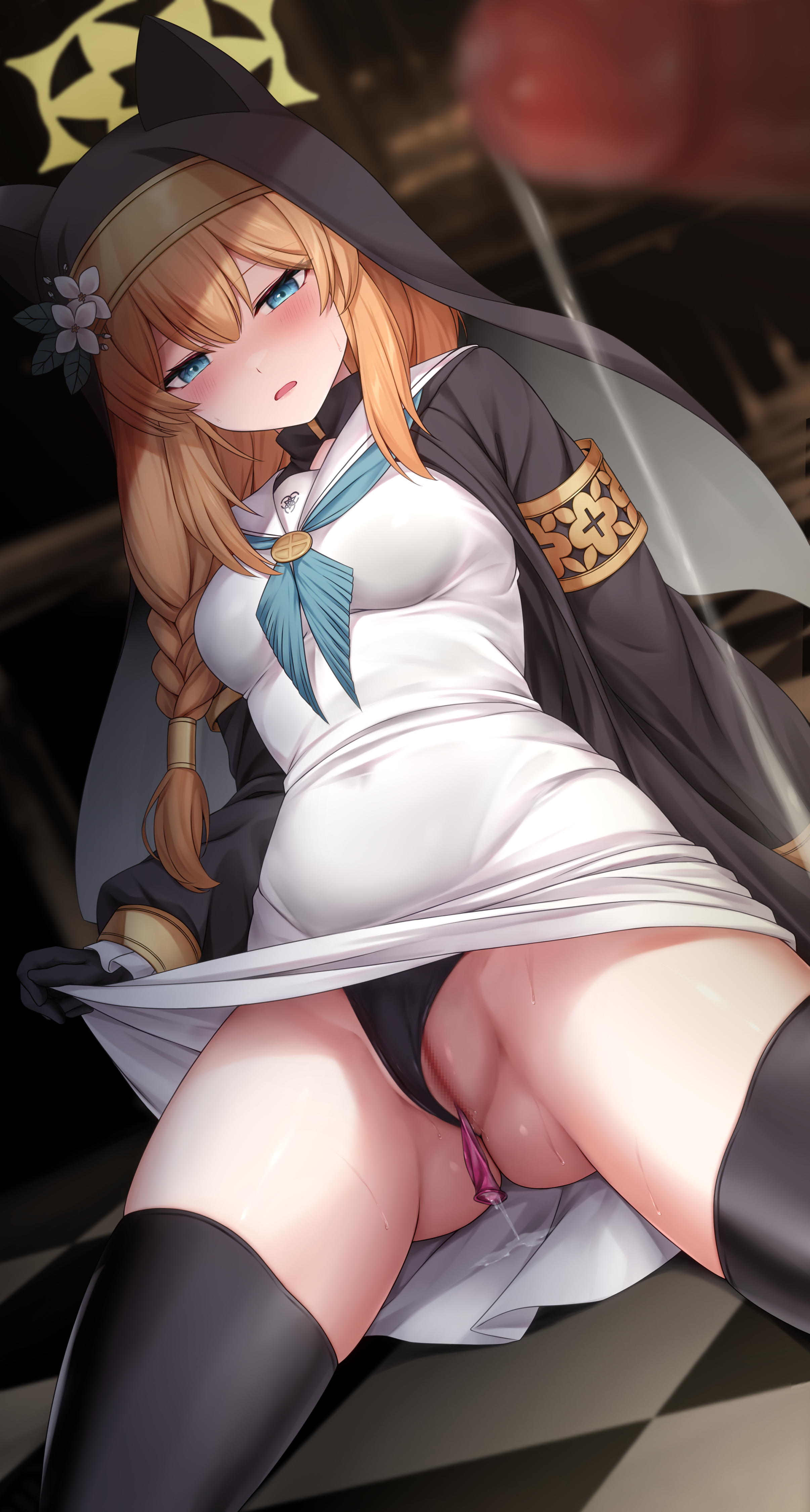 chien zero, mari (blue archive), blue archive, absurdres, highres, 1girl, aftersex, animal ears, ass, black gloves, black panties, black thighhighs, black veil, blue eyes, blue neckerchief, braid, breasts, cleft of venus, clothing aside, coif, condom, condom left inside, corsage, cum, cum string, cumdrip, dress, frilled sleeves, frills, gloves, halo, latex, latex thighhighs, long hair, long sleeves, medium breasts, neckerchief, nun, orange hair, panties, panties aside, penis, pussy, sailor collar, single braid, thighhighs, trinity general school logo, underwear, used condom, veil, white sailor collar, yellow halo