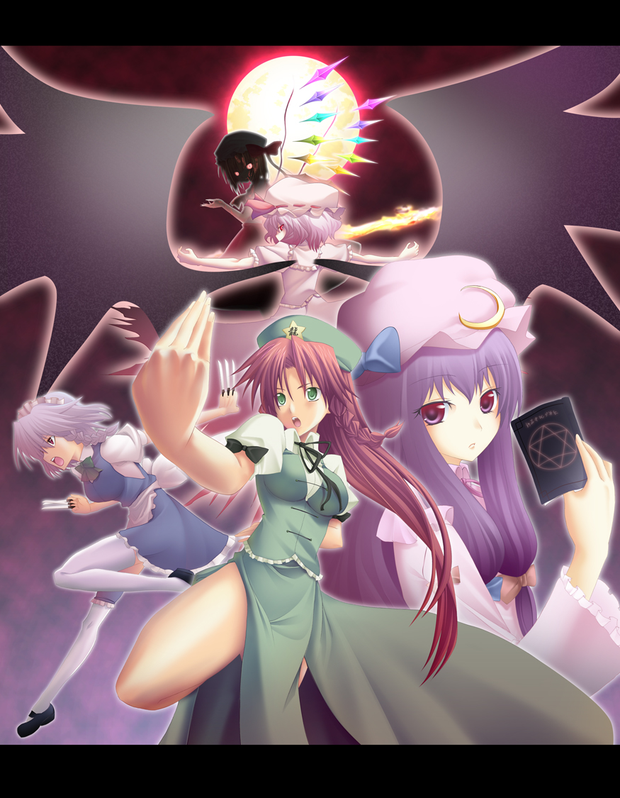 any (trueblue), flandre scarlet, hong meiling, izayoi sakuya, patchouli knowledge, remilia scarlet, embodiment of scarlet devil, touhou, silver hair, bad id, bad pixiv id, 5girls, between fingers, blue hair, book, braid, china dress, chinese clothes, dress, female focus, hat, holding, knife, letterboxed, long hair, maid, mob cap, moon, multiple girls, purple hair, red hair, ribbon, short hair, throwing knife, twintails, weapon, wings