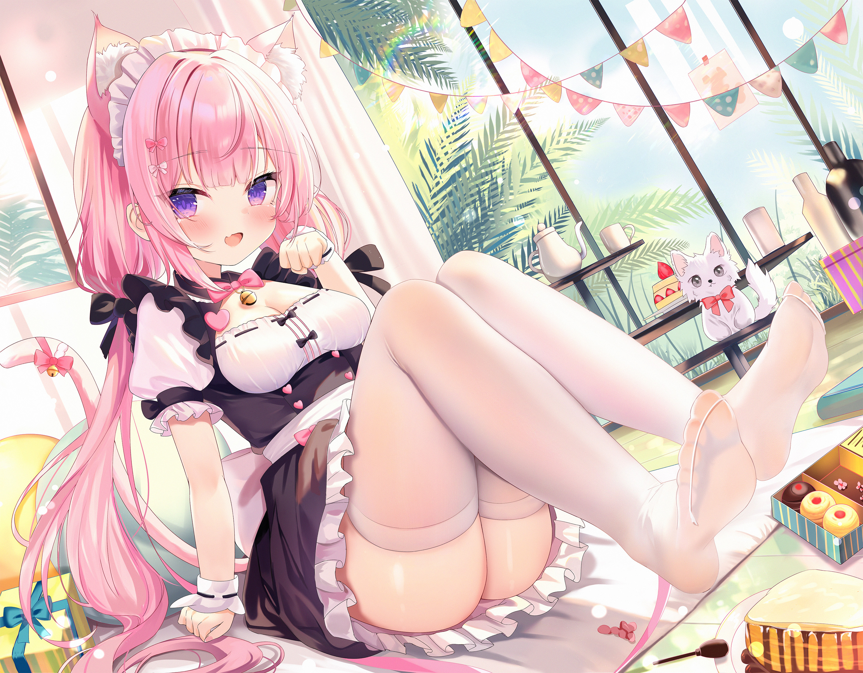kinoshita ringo (ryve5758), commentary request, commission, highres, 1girl, :d, animal ear fluff, animal ears, ass, bell, black bow, black dress, blush, bow, bowtie, box, breasts, bunting, cake, cat, cat ears, cat girl, cat tail, cup, dress, extra ears, fang, feet, feet up, food, frilled dress, frills, full body, gift, gift box, hair bow, indoors, knees up, long hair, looking at viewer, low twintails, maid, maid headdress, neck bell, nephi anime, no shoes, open mouth, pastry, paw pose, pink bow, pink bowtie, pink hair, pink tail, purple eyes, raspberry (nephi anime), rug, short sleeves, sitting, skin fang, small breasts, smile, soles, solo, strawberry shortcake, string of flags, table, tail, tail bell, tail bow, tail ornament, teapot, thighhighs, thighs, twintails, white cat, white thighhighs, window, wrist cuffs