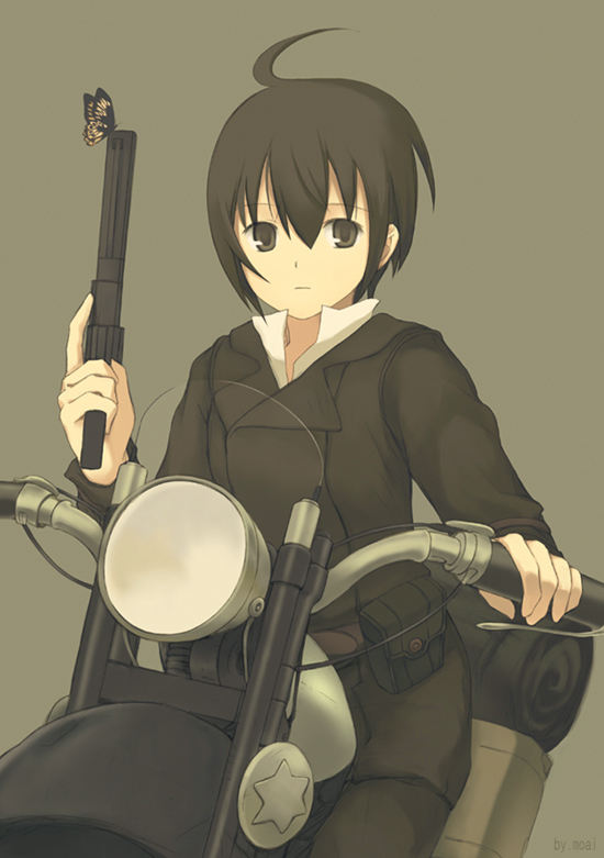 moai (aoh), kino (kino no tabi), kino no tabi, vehicle, bad id, bad pixiv id, 00s, 1girl, ahoge, androgynous, bug, butterfly, female focus, gun, handgun, insect, motor vehicle, motorcycle, reverse trap, revolver, short hair, simple background, solo, weapon