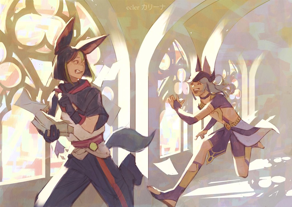 ecler ecler, cyno (genshin impact), tighnari (genshin impact), genshin impact, animal ear request, 2girls, :d, animal ears, arched window, belt, black gloves, black hair, black hoodie, blonde streaks, bob cut, book, brown eyes, chasing, clenched teeth, dappled sunlight, flying paper, full body, gloves, grin, hair flowing over, hallway, holding, holding book, hood, hoodie, indoors, looking back, multiple girls, open mouth, paper, running, sandals, shirt, smile, sunlight, teeth, white hair, white shirt, window