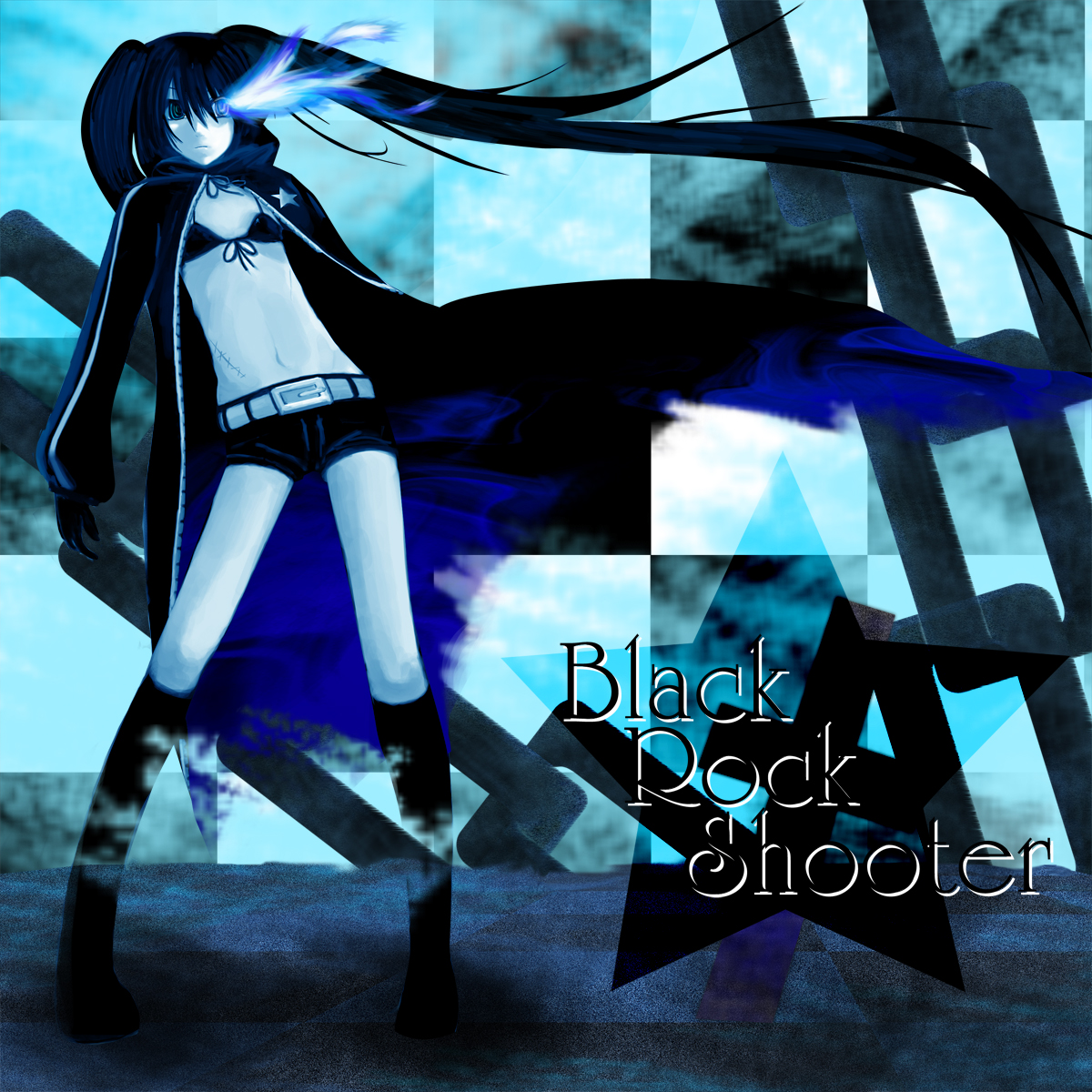 yasuhito, black rock shooter (character), hatsune miku, black rock shooter, vocaloid, highres, 10s, black hair, blue eyes, chain, long hair, midriff, shorts, solo, twintails