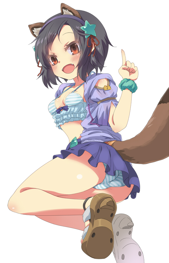 wazawogi (wzog), sangokushi taisen, 1girl, :d, animal ear hairband, animal ears, aqua scrunchie, ass, black hair, blue bow, blue camisole, blush, bob cut, bow, breasts, brown eyes, brown sandals, camisole, collarbone, fake animal ears, fake tail, fang, from side, full body, hair ornament, hairband, index finger raised, miniskirt, open clothes, open mouth, open shirt, panties, pantyshot, pointing, pointing up, purple hairband, purple shirt, purple skirt, raccoon ears, raccoon tail, ryuki (sangokushi taisen), sandals, scrunchie, shirt, short hair, short sleeves, sidelocks, simple background, skirt, small breasts, smile, solo, striped camisole, striped clothes, striped panties, tail, thighs, underwear, white background, wrist scrunchie
