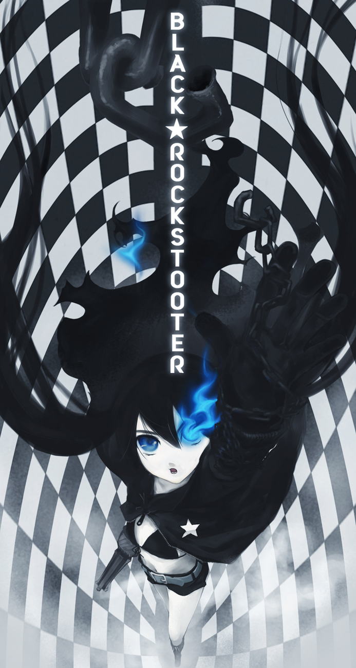 yunar, black rock shooter (character), black rock shooter, vocaloid, highres, 10s, black hair, blue eyes, long hair, midriff, shorts, twintails