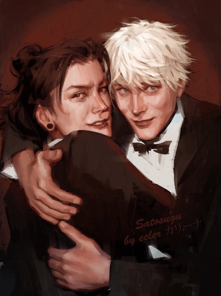 ecler ecler, getou suguru, gojou satoru, jujutsu kaisen, 2boys, arm around back, black coat, black eyes, black hair, blue eyes, bow, bowtie, coat, earrings, hair bun, hug, jewelry, looking at viewer, male focus, messy hair, multiple boys, painterly, parted lips, shirt, short hair, smirk, spotlight, stud earrings, upper body, white hair, white shirt
