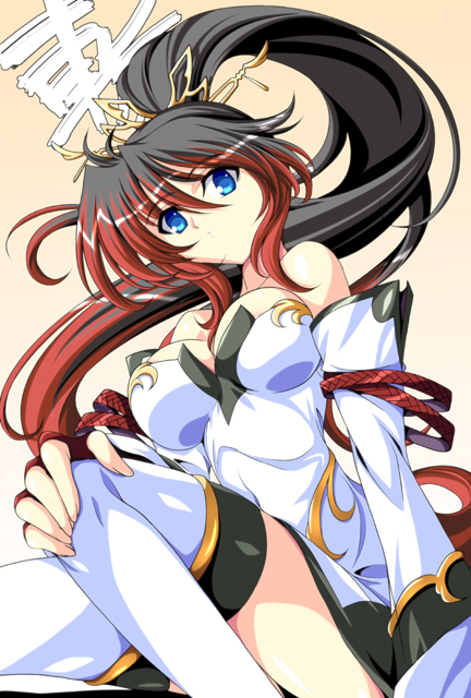 ka2, nanbu kaguya, banpresto, super robot wars, super robot wars og saga mugen no frontier, 1girl, blue eyes, breasts, dress, female focus, infinite frontier, long hair, medium breasts, multicolored hair, ponytail, solo, strapless, strapless dress, thighhighs, two-tone hair