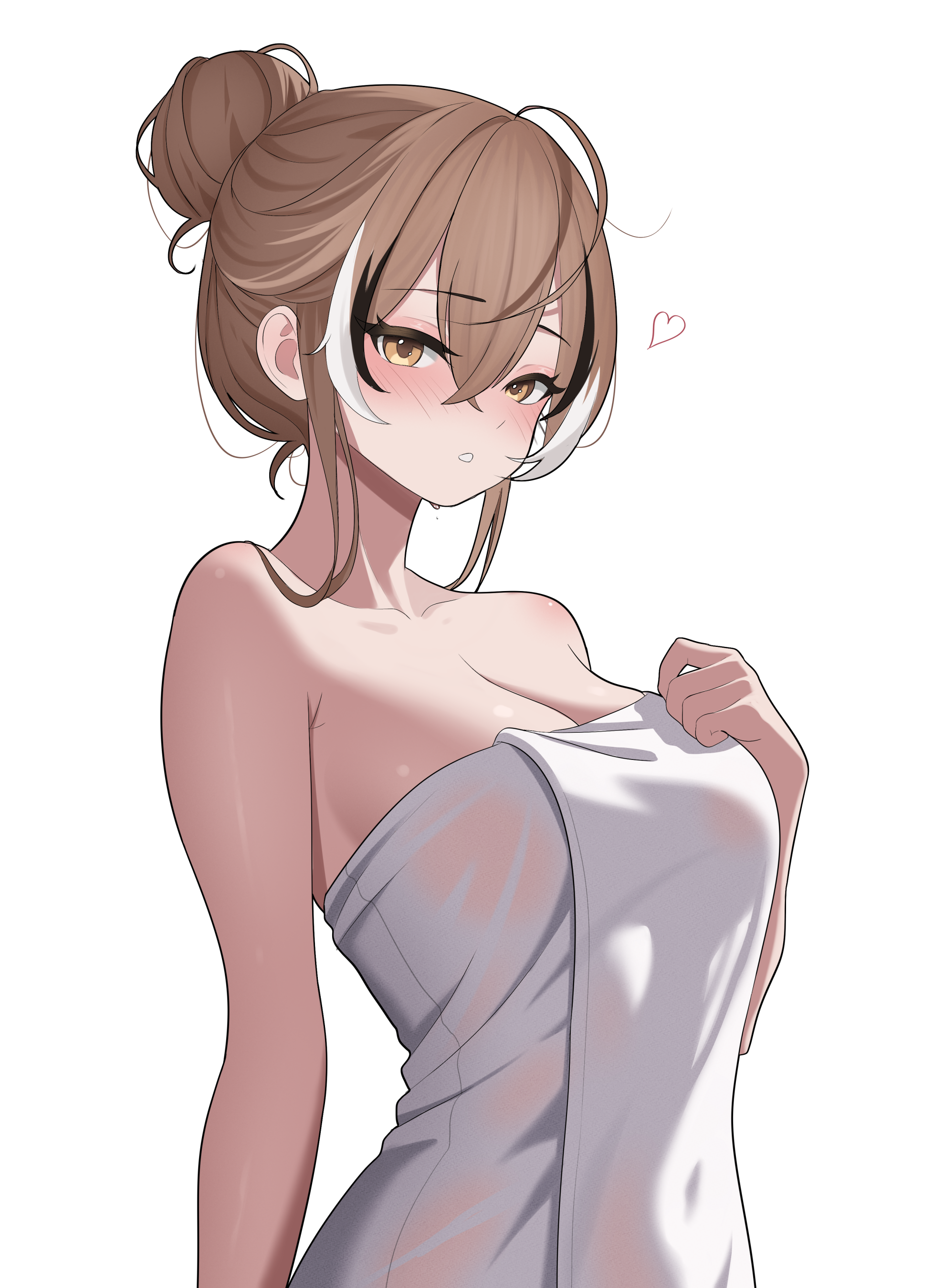 layunaart, nanashi mumei, hololive, hololive english, absurdres, commentary, highres, 1girl, ahoge, black hair, breasts, brown eyes, brown hair, cleavage, crossed bangs, double-parted bangs, hair between eyes, hair bun, looking at viewer, multicolored hair, naked towel, parted lips, short hair, simple background, single hair bun, solo, streaked hair, towel, upper body, virtual youtuber, white background, white hair