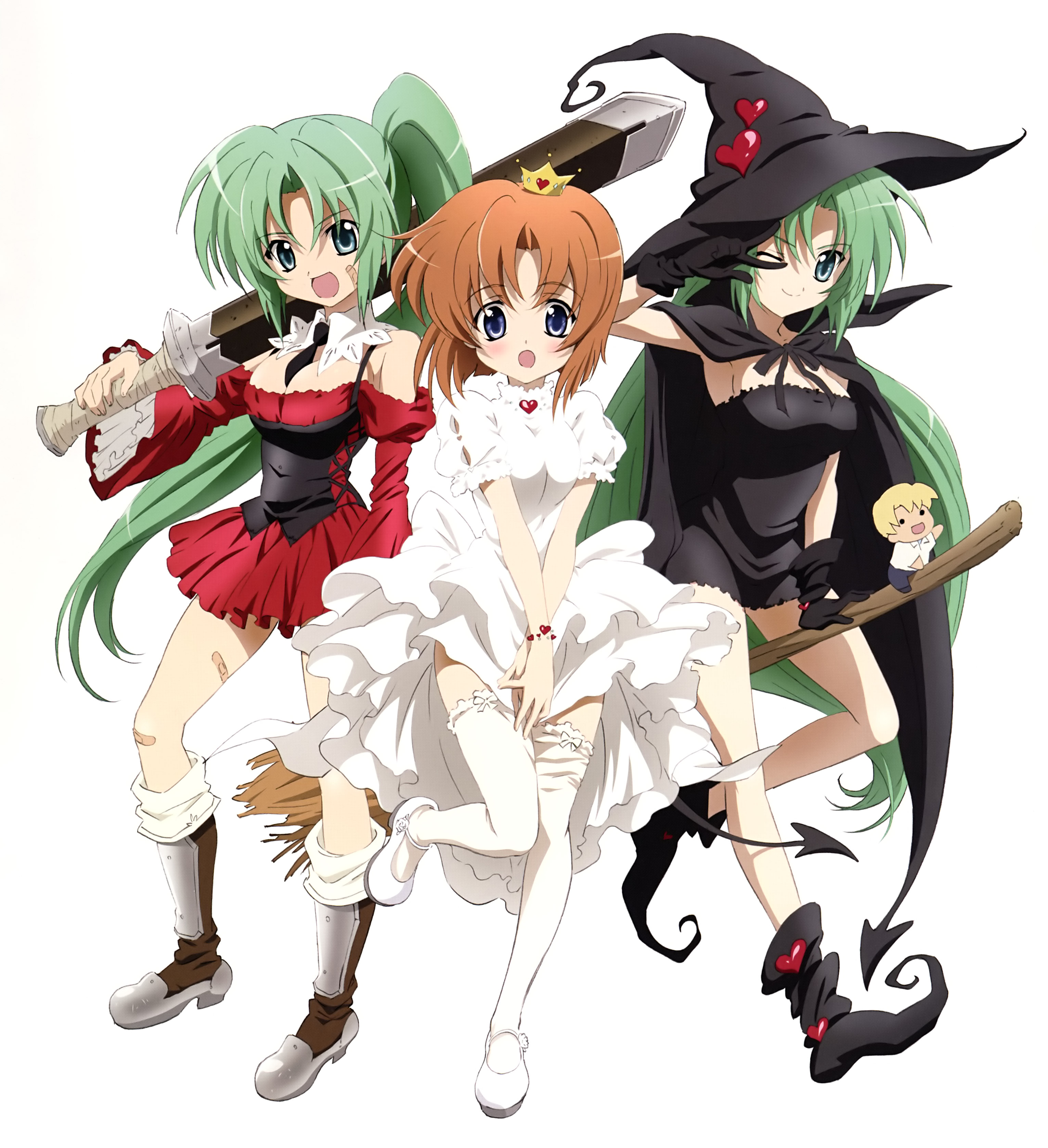 sakai kyuuta, ryuuguu rena, sonozaki mion, sonozaki shion, higurashi no naku koro ni, absurdres, highres, scan, 00s, 3girls, bandaid, bandaid on face, bandaid on knee, bandaid on leg, blue eyes, blush, boots, character doll, crown, doll, dress, full body, green eyes, green hair, hat, long hair, miniskirt, multiple girls, off shoulder, one eye closed, orange hair, ponytail, red hair, short hair, siblings, sisters, skirt, sword, thighhighs, twins, very long hair, weapon, wink, witch