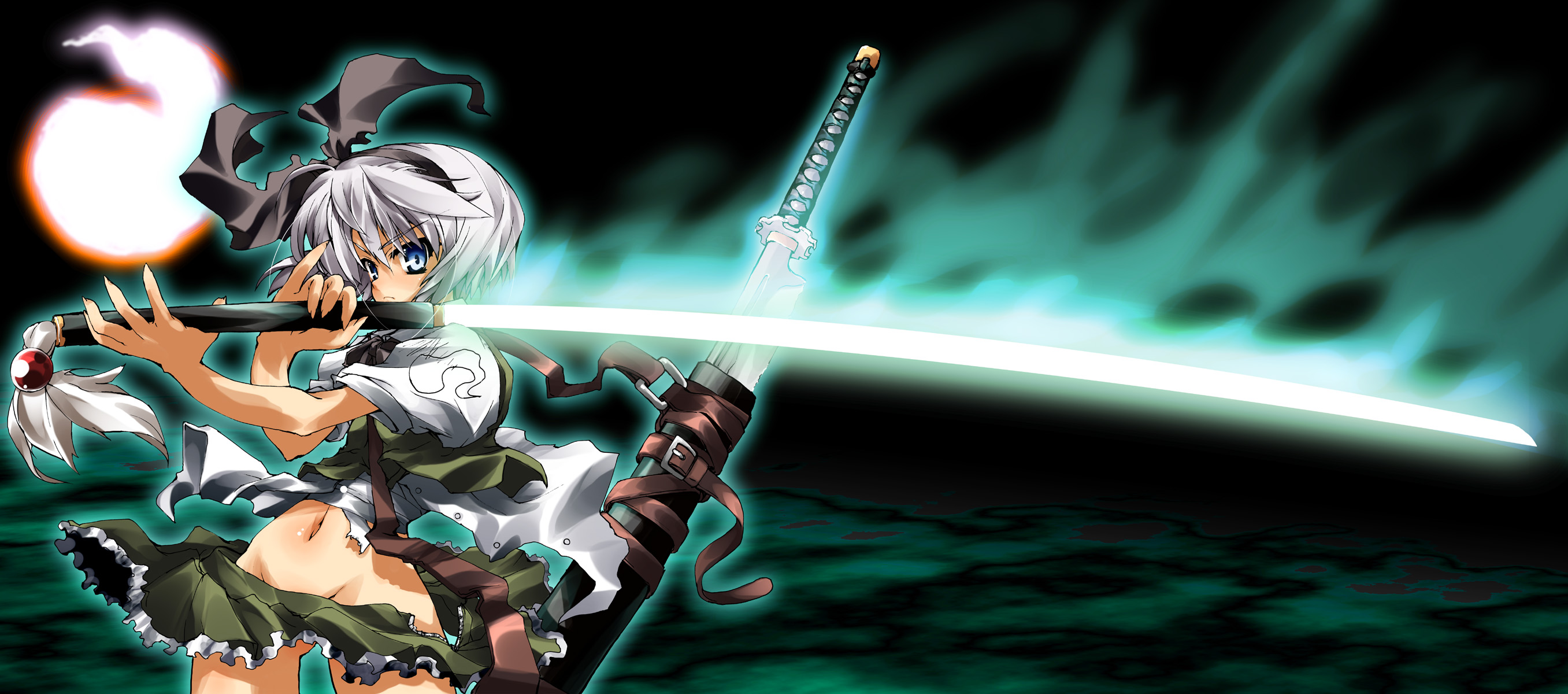 delusion overdose, matsuno canel, konpaku youmu, konpaku youmu (ghost), touhou, highres, 1girl, alternate weapon, angry, bow, bowtie, female focus, fighting stance, fingernails, flat chest, frills, frown, ghost, glowing, groin, hair ribbon, hairband, hitodama, huge weapon, katana, long fingernails, lowleg, magic, midriff, navel, no panties, ootachi, open clothes, open skirt, pinky out, ribbon, school uniform, serafuku, sheath, short hair, skirt, solo, standing, strap, sword, torn clothes, unzipped, weapon, white hair, wind, wind lift