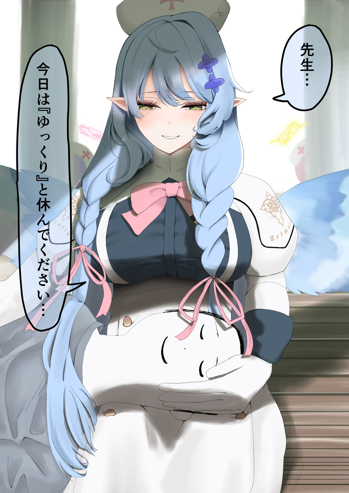 doodle sensei (blue archive), hanae (blue archive), mine (blue archive), sensei (blue archive), serina (blue archive), blue archive, commentary request, highres, translation request, 1boy, 3girls, blue hair, blush, bow, bowtie, braid, breasts, dress, gloves, green eyes, grey shirt, grin, hair ornament, halo, hat, hetero, lap pillow, large breasts, long hair, looking at another, multiple girls, nurse cap, pink bow, pink bowtie, pink halo, pointy ears, pythonhcutenewgenesis, remedial knights (blue archive), shirt, smile, t-shirt, twin braids, white dress, white gloves, yellow halo