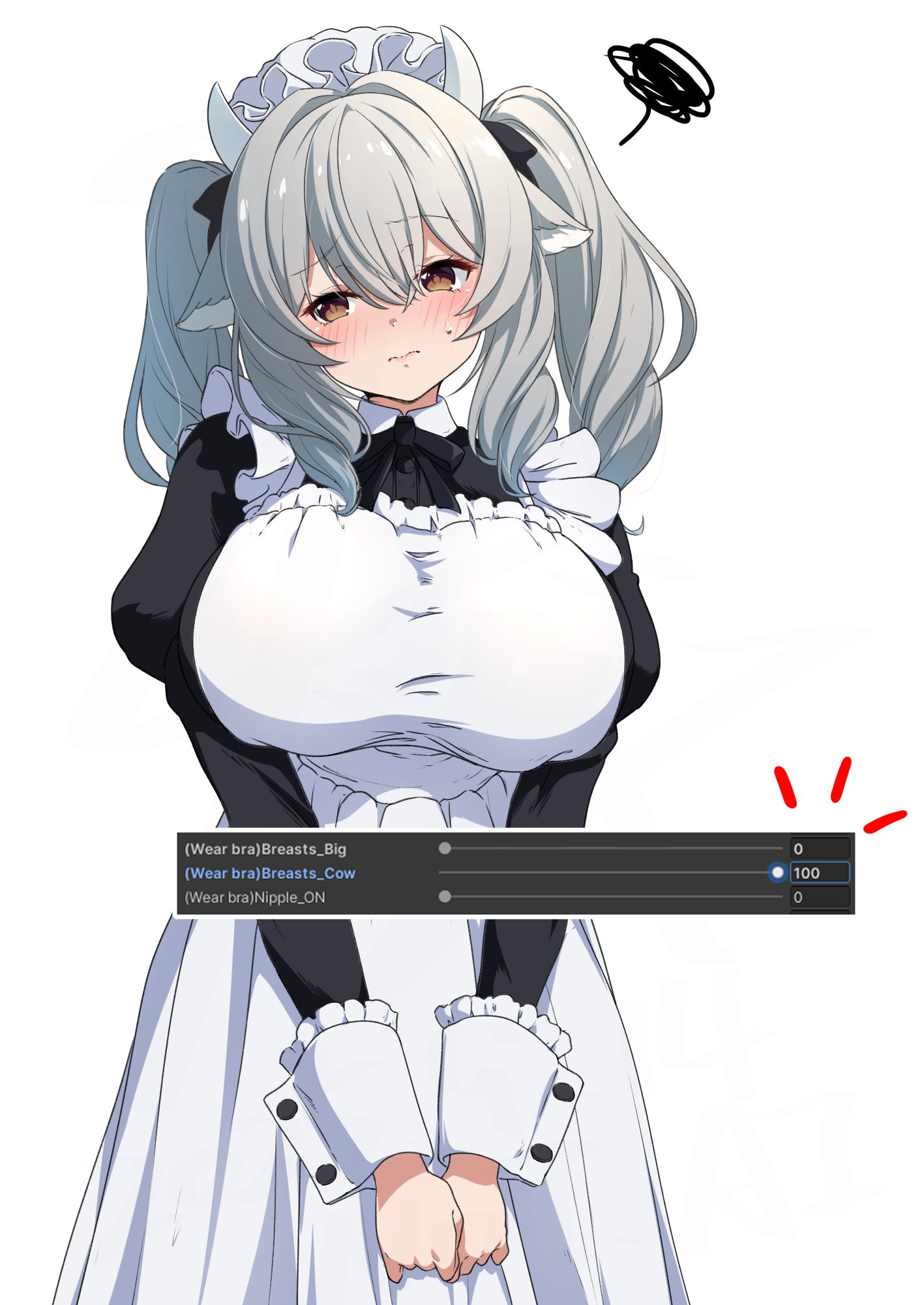 nishizuki shino, milltina (vrchat), vrchat, character request, check character, check copyright, commentary request, copyright request, highres, 1girl, :s, animal ears, apron, black dress, blush, breasts, brown eyes, closed mouth, cowboy shot, dress, ears down, embarrassed, english text, horns, large breasts, long sleeves, maid, maid apron, maid headdress, medium hair, notice lines, own hands together, puffy long sleeves, puffy sleeves, raised inner eyebrows, simple background, solo, squiggle, two side up, user interface, white background, white hair, white wrist cuffs, wrist cuffs