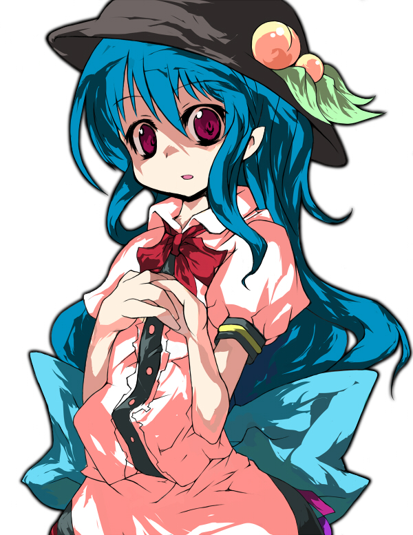 cusui, hinanawi tenshi, touhou, bad id, bad pixiv id, 1girl, alphes (style), blue hair, female focus, food, fruit, hat, long hair, open mouth, parody, peach, red eyes, ribbon, solo, style parody