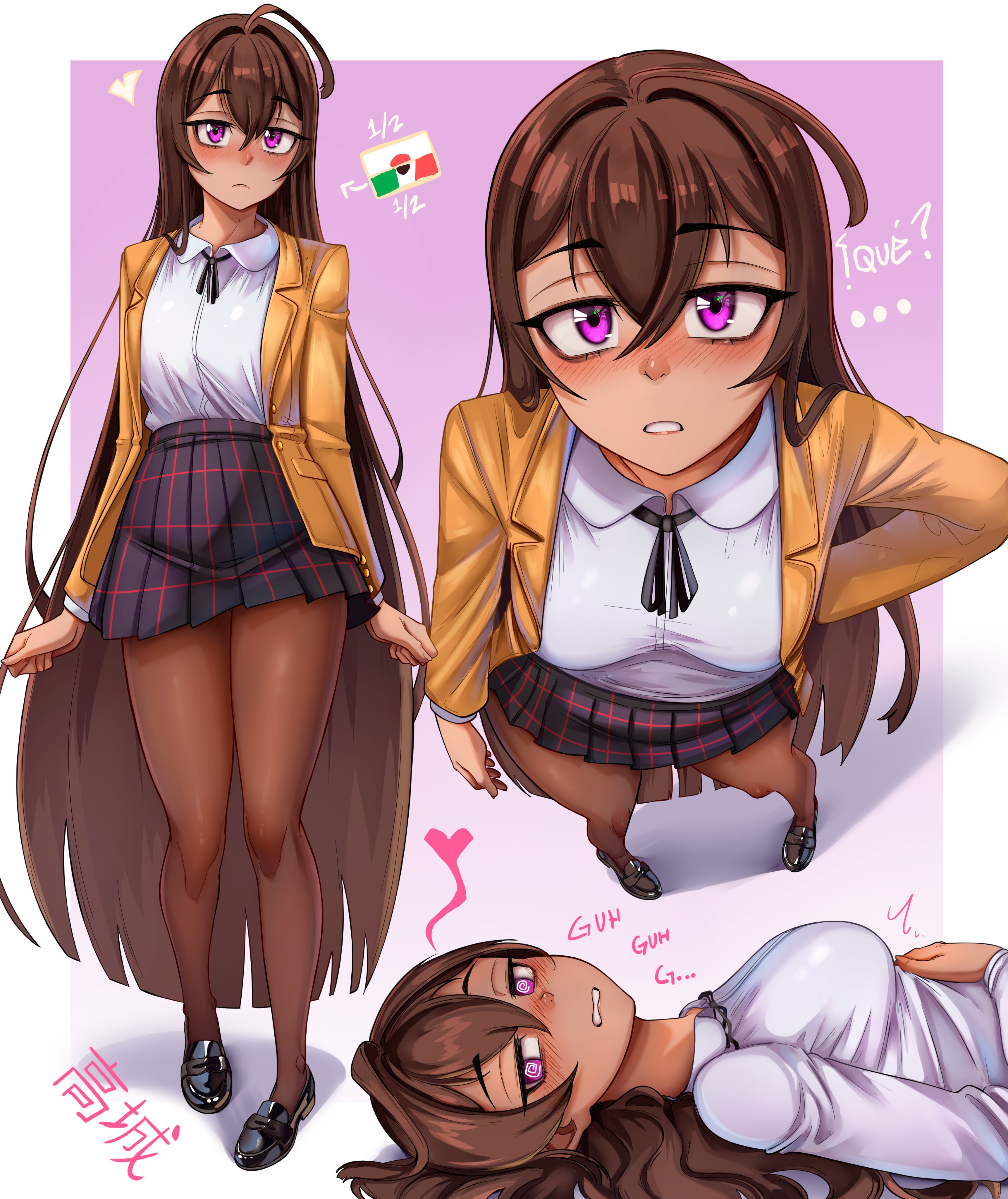 dilan griz, original, absurdres, commentary, english commentary, highres, 1girl, @ @, black ribbon, black shoes, black skirt, blush, border, breasts, brown hair, brown pantyhose, closed mouth, collared shirt, crossed bangs, double-parted bangs, erika (dilan griz), full body, hair between eyes, heart, jacket, long hair, long sleeves, looking at viewer, medium breasts, multiple views, neck ribbon, outside border, pantyhose, parted lips, purple background, purple eyes, ribbon, shirt, shoes, skirt, very long hair, white border, white shirt, yellow jacket
