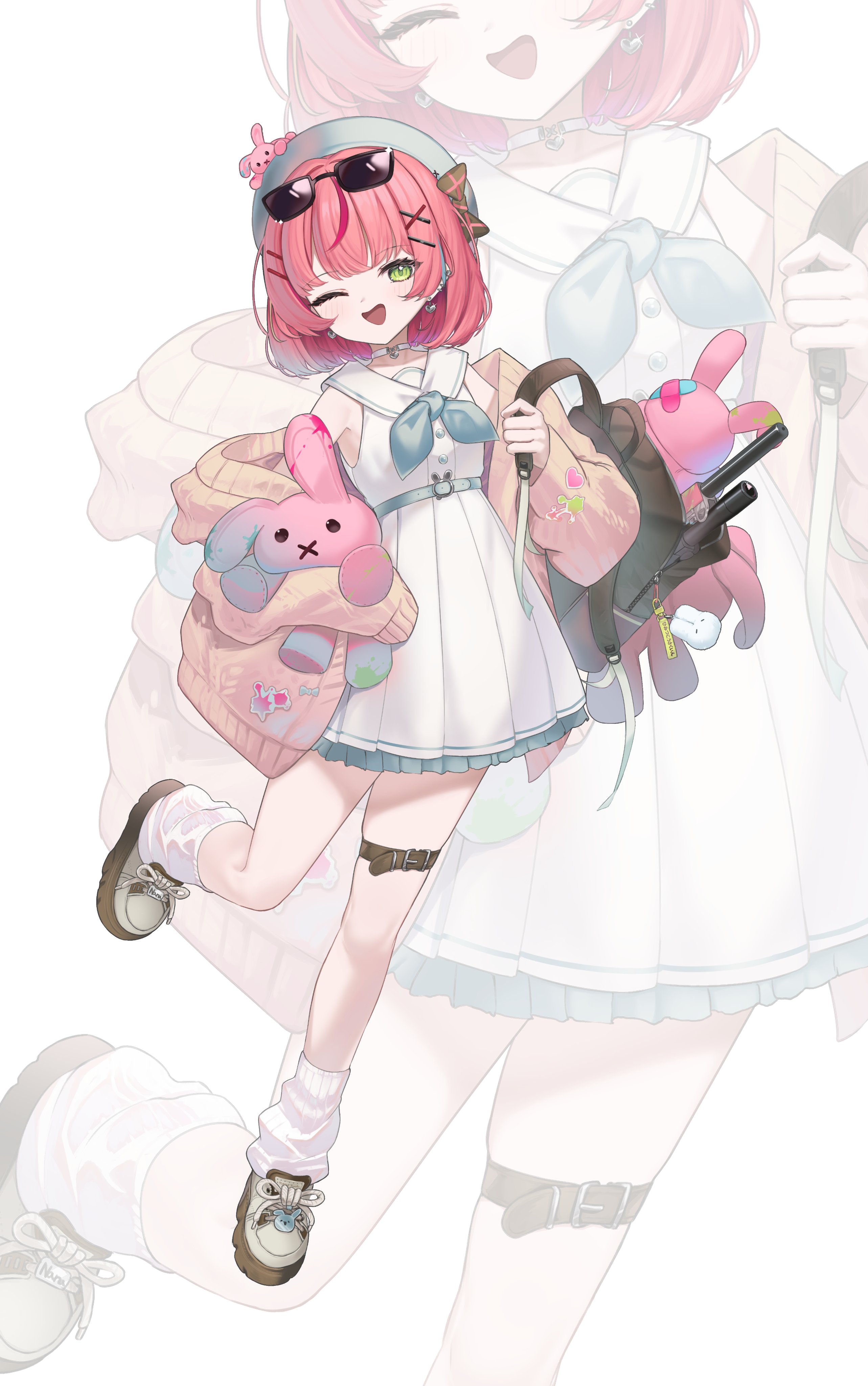 nanana narang, hanako nana, stellive, absurdres, highres, 1girl, backpack, bag, belt, beret, dress, eyewear on head, full body, green eyes, hat, looking at viewer, loose socks, multicolored hair, one eye closed, open clothes, open mouth, pink hair, shoes, short hair, simple background, sleeveless, sleeveless dress, smile, socks, standing, standing on one leg, streaked hair, stuffed toy, sunglasses, thigh belt, thigh strap, virtual youtuber, white background, white dress, white hat, white socks, zoom layer