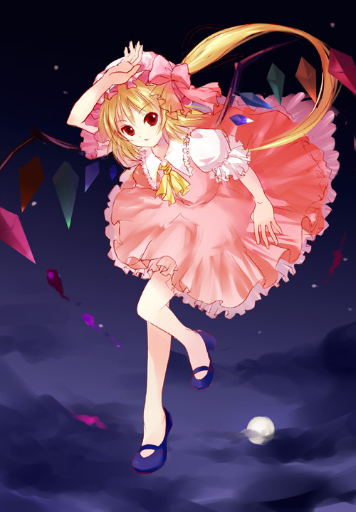 yucca, yukka (yucca u), flandre scarlet, touhou, bad id, bad pixiv id, 1girl, blonde hair, female focus, hat, mob cap, ponytail, ribbon, short hair, solo, wings