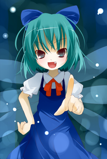 nyo (pixiv), nyo nyo (mammal), cirno, embodiment of scarlet devil, touhou, 1girl, blue hair, bow, fang, female focus, ribbon, short hair, smile, solo, wings