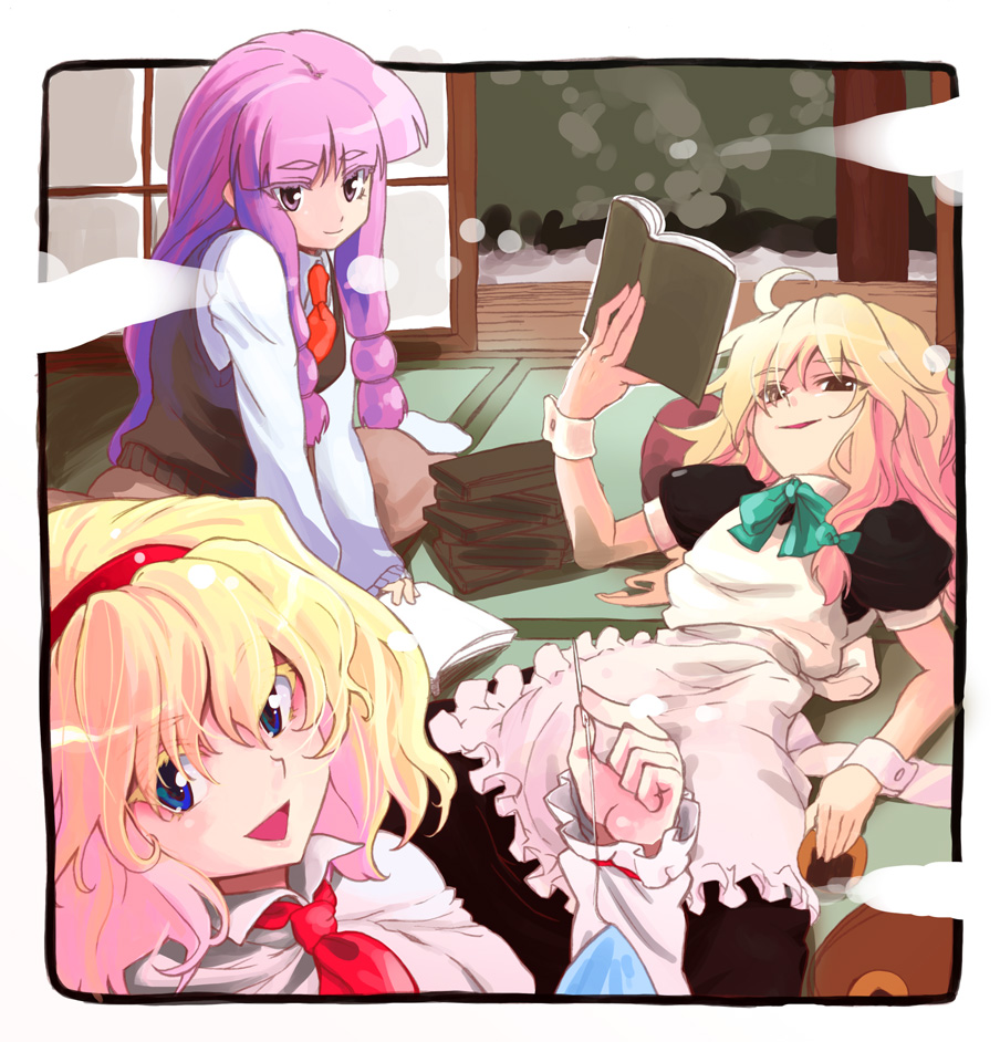 fuzuki yoshihiro, alice margatroid, kirisame marisa, patchouli knowledge, touhou, 3girls, blonde hair, book, female focus, indoors, long hair, multiple girls, purple hair, ribbon, short hair