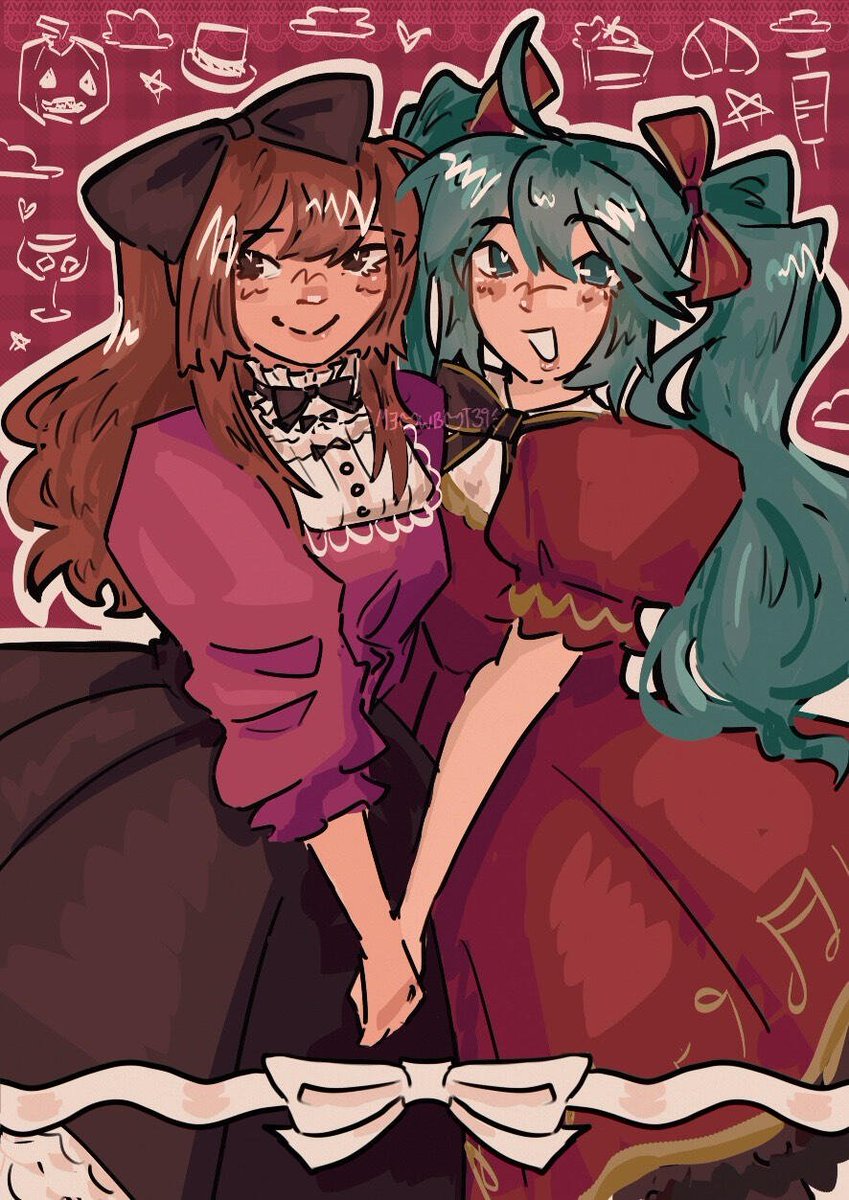 meowbot39, hatsune miku, vocaloid, commentary, english commentary, highres, 2girls, :d, ahoge, aqua eyes, aqua hair, artist name, black hair, black skirt, bow, brown eyes, brown hair, closed mouth, dress, grin, hair between eyes, long hair, multiple girls, open mouth, outline, puffy short sleeves, puffy sleeves, red background, red bow, red dress, short sleeves, skirt, smile, teeth, twintails, white outline