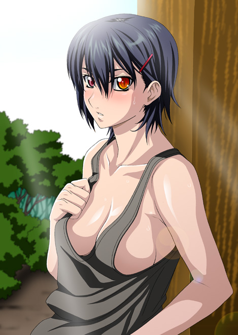 isse, 1girl, black hair, blush, breasts, camisole, cleavage, female focus, forest, hair ornament, hairclip, heterochromia, large breasts, nature, no bra, red eyes, short hair, sideboob, solo, sweat, tank top
