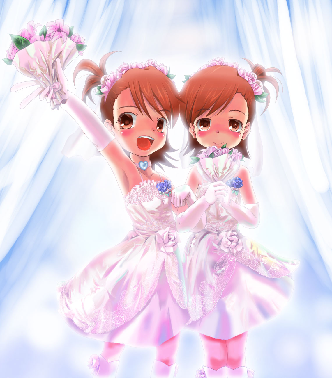 kishi nisen, yanagie, futami ami, futami mami, idolmaster, idolmaster (classic), highres, 00s, 2girls, bride, dress, multiple girls, siblings, sisters, twins, wedding dress