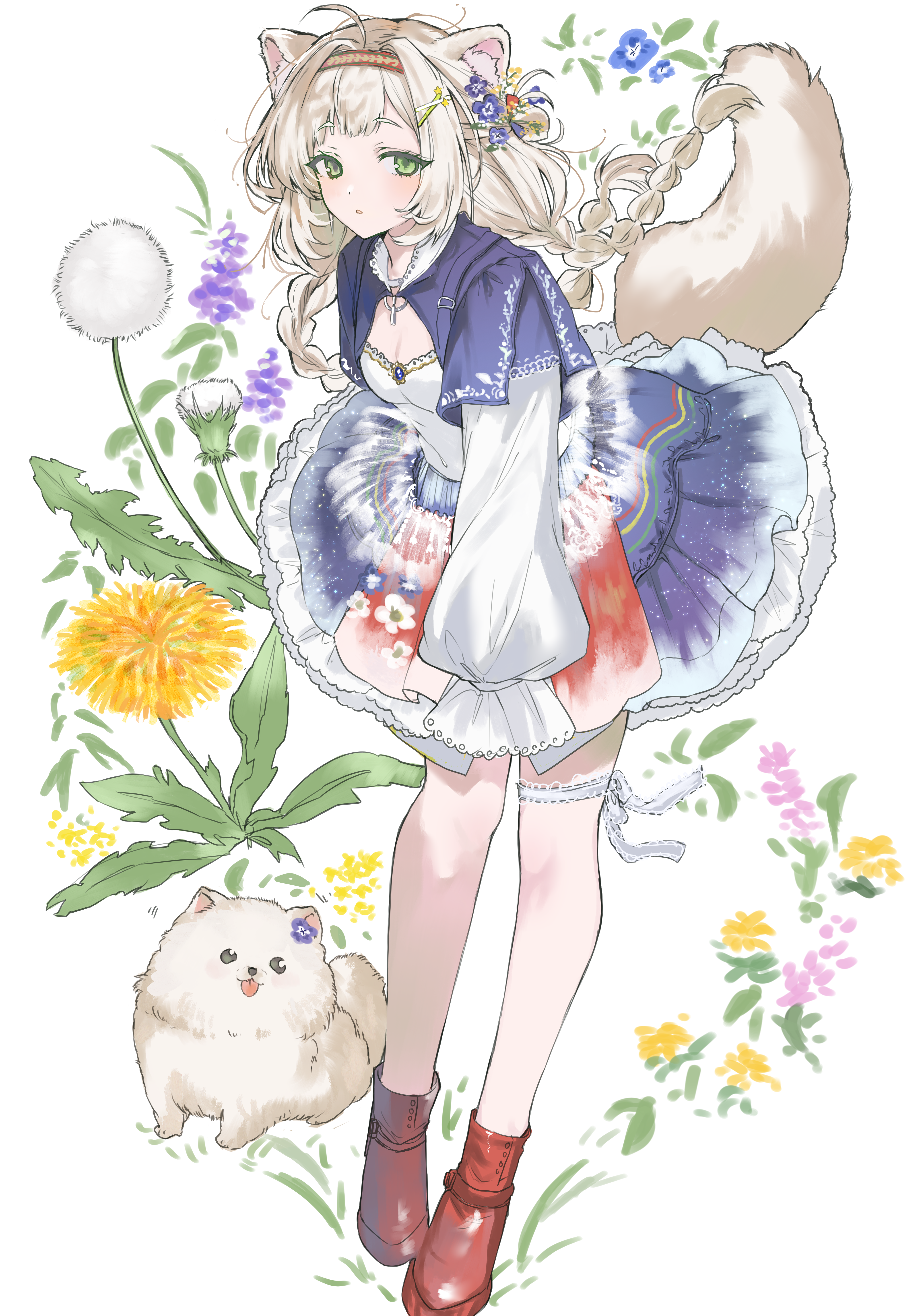 heremia, original, absurdres, commentary request, highres, 1girl, ahoge, animal, animal ear fluff, animal ears, blue flower, blue skirt, braid, breasts, brown hairband, brown shoes, cleavage, dog, floating hair, flower, green eyes, hair flower, hair ornament, hairband, layered sleeves, long hair, long sleeves, looking at viewer, low twintails, parted lips, pink flower, puffy long sleeves, puffy sleeves, red socks, shirt, shoes, short over long sleeves, short sleeves, shrug (clothing), skirt, sleeves past fingers, sleeves past wrists, small breasts, socks, solo, tail, twin braids, twintails, very long hair, white background, white flower, white shirt, yellow flower