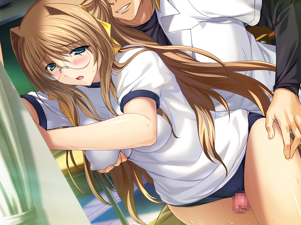 onigirikun, kouenji sayuka, yanase kyouhei, choukou (alicesoft), choukou tenshi escalayer, game cg, non-web source, official art, variant set, 1boy, 1girl, blue eyes, blush, breasts, brown hair, buruma, censored, classroom, covered erect nipples, glasses, grabbing another's breast, grabbing from behind, grin, groping, gym uniform, hair intakes, hair ribbon, hetero, large breasts, long hair, mosaic censoring, open mouth, penis, ribbon, rimless eyewear, smile, solo focus, sweat, thigh sex