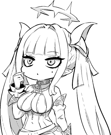 hori (hori no su), bois belleau (azur lane), azur lane, azur lane: slow ahead, lowres, 1girl, bare shoulders, blunt bangs, breasts, center opening, chibi, chibi only, detached sleeves, greyscale, hair ribbon, halo, large breasts, mole, mole under eye, monochrome, parted lips, pointy ears, ribbon, simple background, solo, twintails, upper body, white background