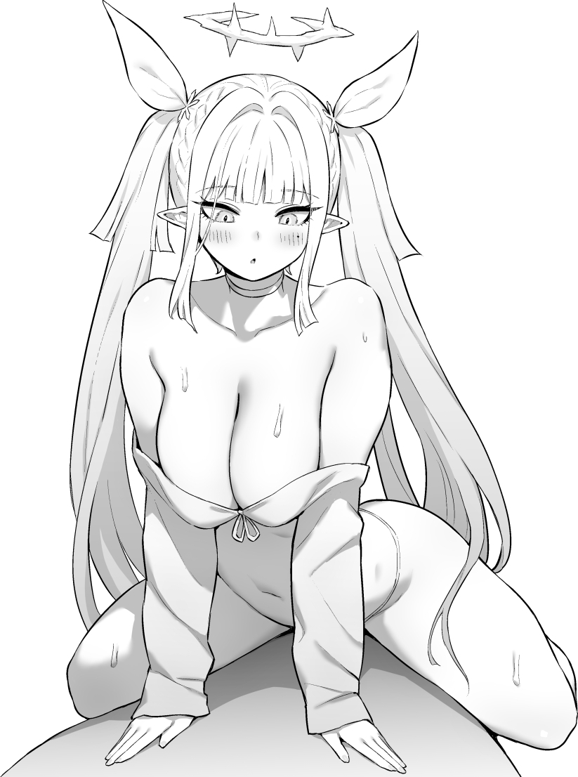 hori (hori no su), bois belleau (azur lane), bois belleau (steamy therapy) (azur lane), azur lane, azur lane: slow ahead, 1girl, bikini, blush, breasts, cleavage, collarbone, greyscale, hair ribbon, halo, large breasts, long hair, mole, mole under eye, monochrome, navel, official alternate costume, pointy ears, ribbon, simple background, solo, stomach, swimsuit, twintails, white background, white bikini