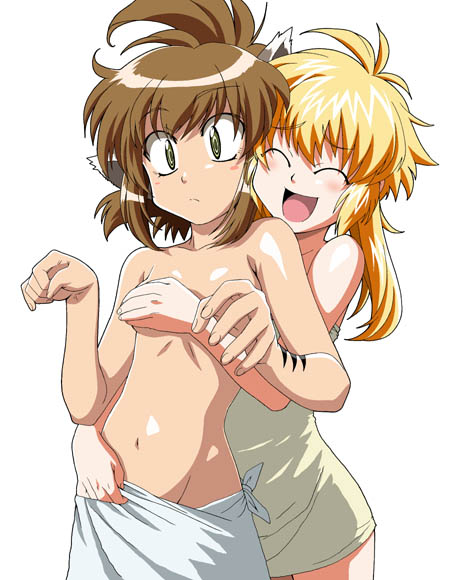 isse, original, 2girls, animal ears, blonde hair, breasts, brown hair, closed eyes, covering privates, grabbing another's breast, groping, multiple girls, short hair, small breasts, smile, surprised, surprised arms, topless female, towel, yuri