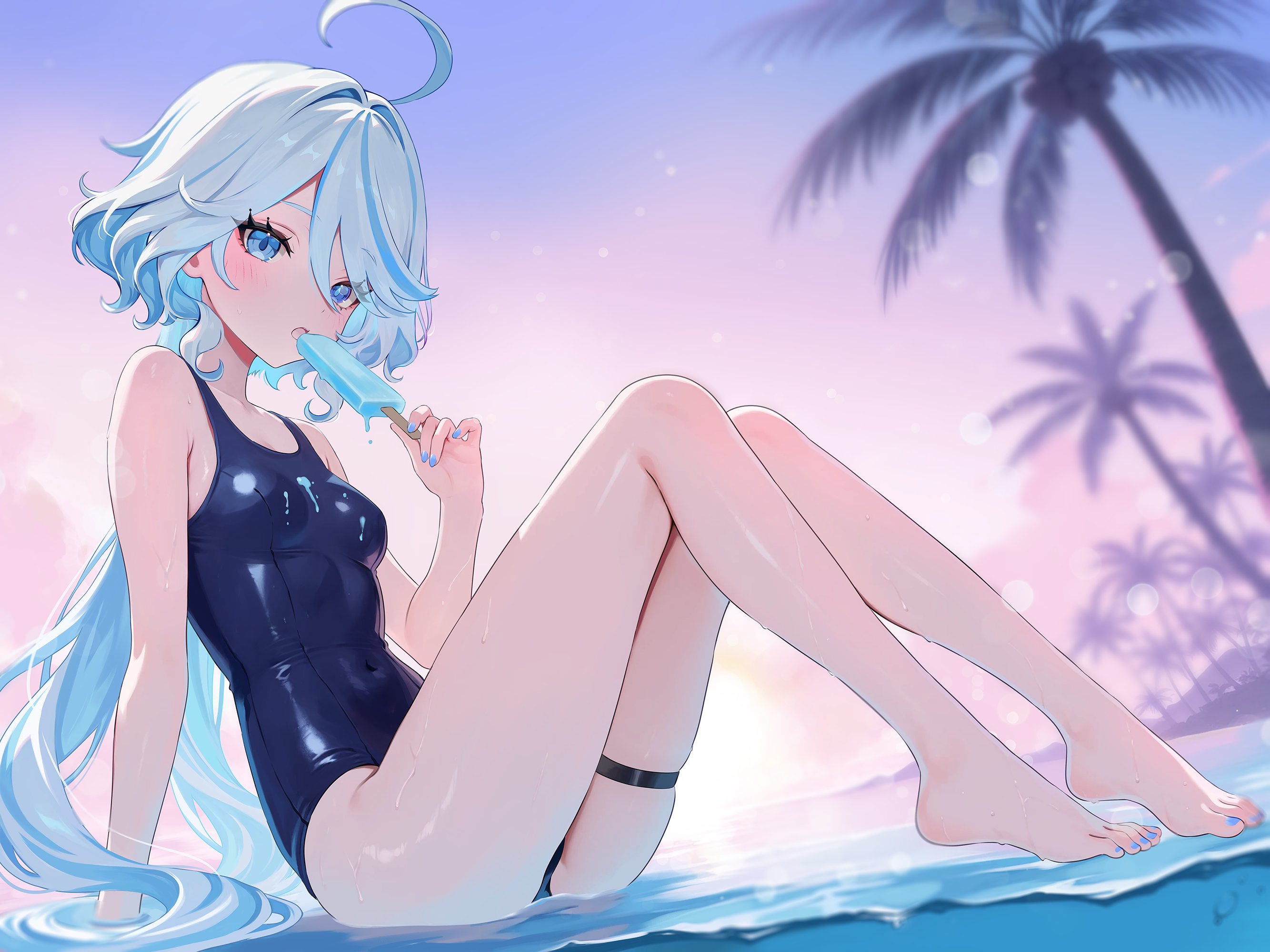 riku (rrr gns), furina (genshin impact), genshin impact, commentary, highres, symbol-only commentary, 1girl, alternate costume, arm support, armpit crease, blue eyes, blue hair, blue nails, breasts, cowlick, drop-shaped pupils, food, heterochromia, holding, holding food, holding popsicle, knees up, long hair, nail polish, old school swimsuit, on water, popsicle, school swimsuit, sitting, small breasts, solo, swimsuit, symbol-shaped pupils, thigh strap, toenail polish, toenails, wavy hair