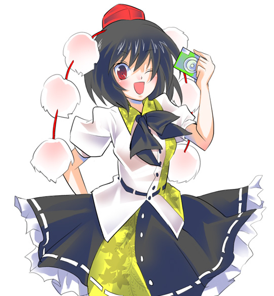 kogawa, shameimaru aya, touhou, 1girl, black hair, camera, female focus, hat, one eye closed, red eyes, short hair, smile, solo, tokin hat