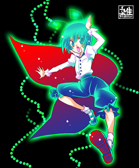 kogawa, wriggle nightbug, touhou, 1girl, antennae, cape, female focus, green eyes, green hair, matching hair/eyes, open mouth, pocket, solo