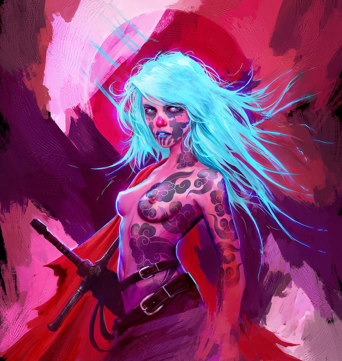 original, 1girl, alexandre chaudret, belt, blue eyes, blue hair, breasts, cloud tattoo, colored skin, cowboy shot, facepaint, glowing, glowing hair, long hair, messy hair, navel, nipples, pink skin, scabbard, sheath, small breasts, solo, sword, tattoo, weapon
