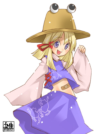 kogawa, moriya suwako, touhou, 1girl, :d, animal print, bandaid, blonde hair, cowboy shot, female focus, frog print, hair ribbon, hand up, hat, long sleeves, midriff, open mouth, purple eyes, ribbon, simple background, sleeves past wrists, smile, solo, tress ribbon, white background, wide sleeves