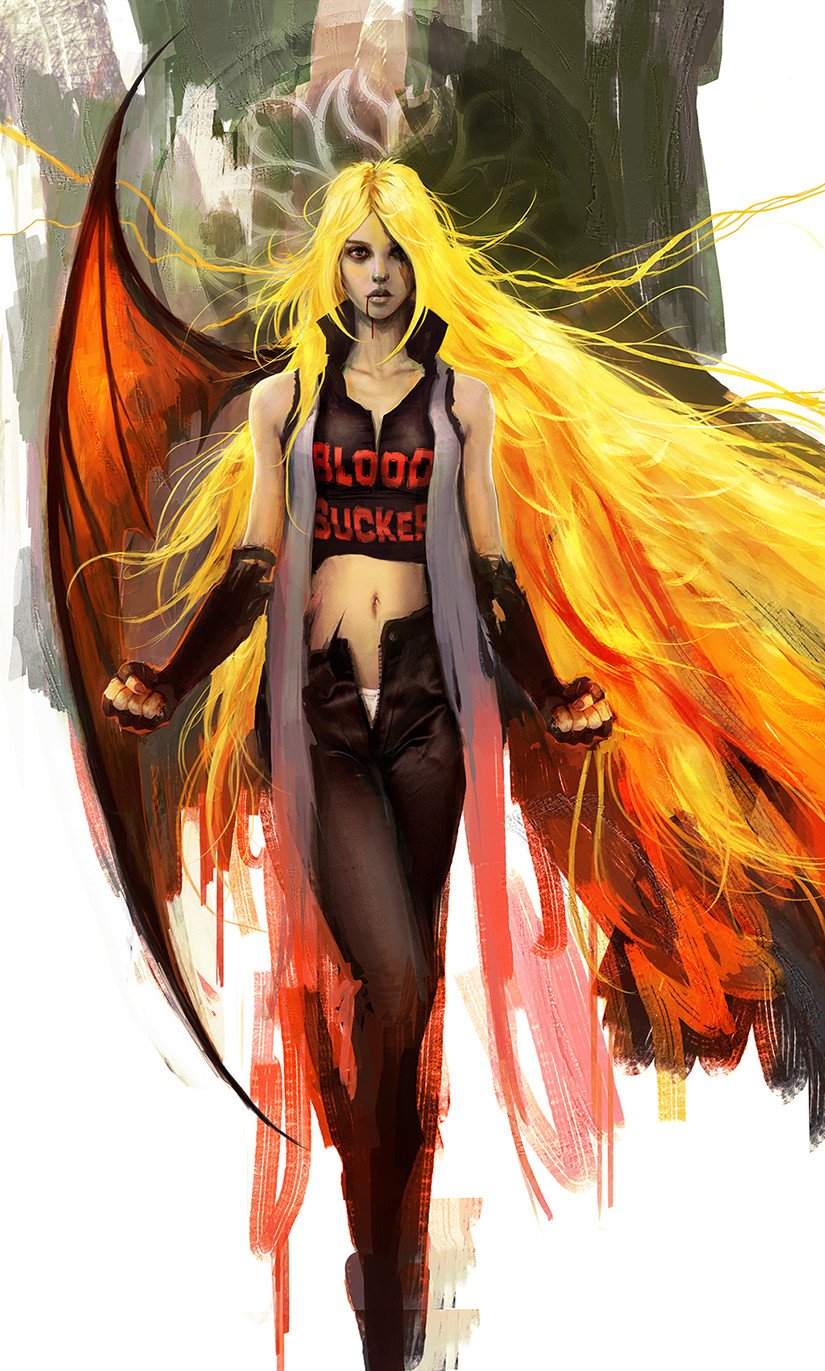 original, highres, 1girl, alexandre chaudret, bat wings, black pants, blonde hair, clenched hands, clothes writing, collarbone, denim, fingerless gloves, gloves, jeans, long hair, navel, pants, solo, unzipped, vampire, very long hair, wings