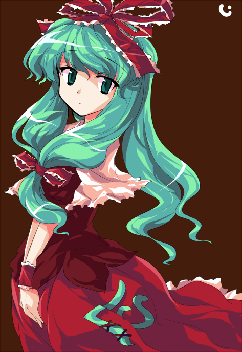 ideolo, kagiyama hina, touhou, 1girl, alphes (style), dress, female focus, front ponytail, green hair, long hair, looking back, parody, ribbon, solo, style parody